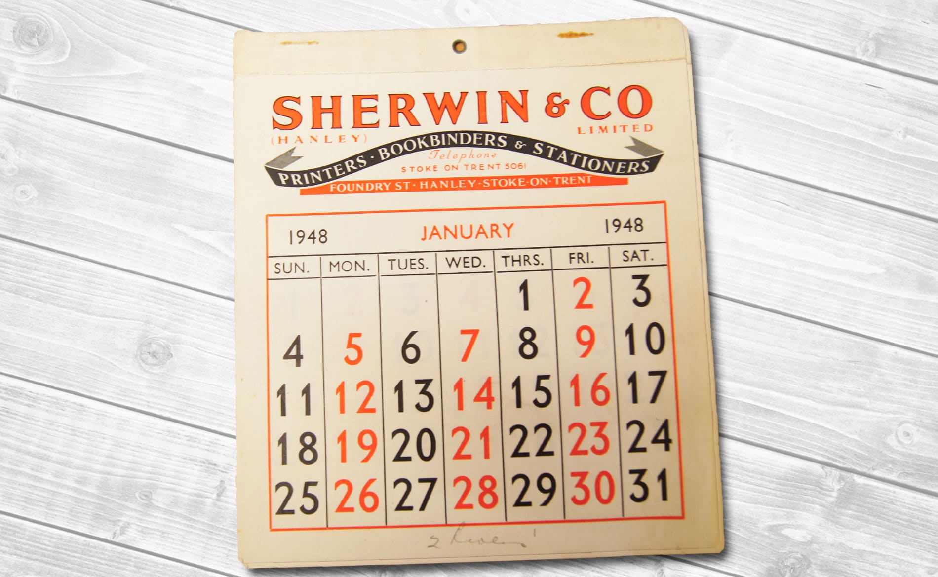 Sherwin Rivers Printers Ltd - Stoke-on-Trent, Staffordshire, Family run printing company for over a century - Letterpress Calendar from 1948